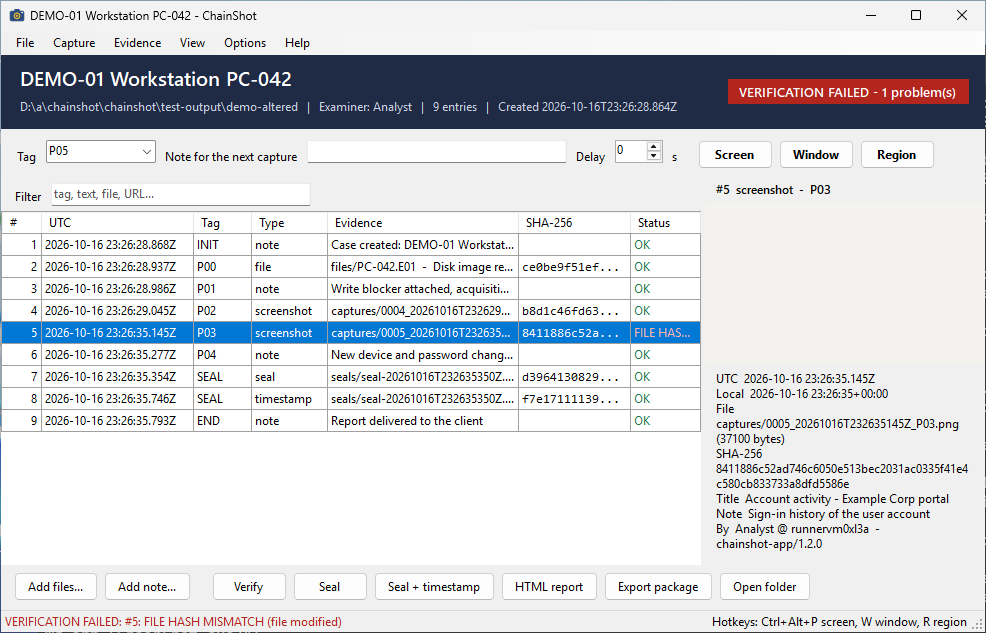 The same case after a capture was modified: verification failed, file hash mismatch on entry 5