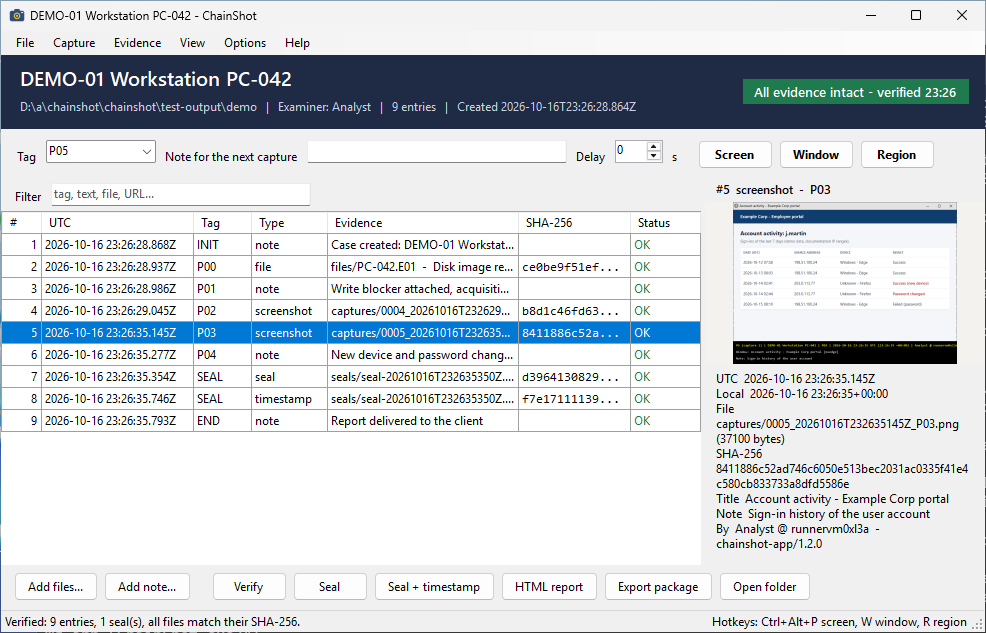 The ChainShot app: a case, its verification badge saying all evidence intact, the journal of captures, files and notes, and the preview of a captured web page