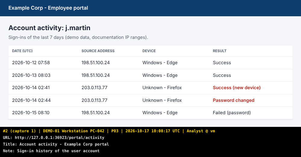 A web page captured by the ChainShot extension, with the black evidence banner below it: entry number, case, tag, UTC time, examiner, URL, title and note